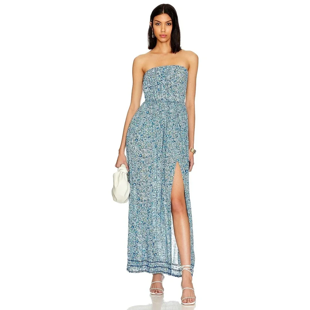 Poupette St Barth Mara Strapless Maxi Dress Blue Floral Print Small resort wear